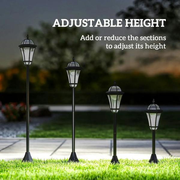 Set of black solar lantern pathway lights with adjustable height sections on posts.