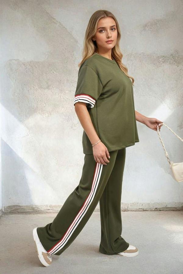 Jennifer Contrast Stripe Top And Wide Leg Trouser Co-ord Set - Khaki