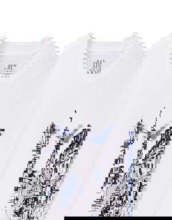 Emily In Paris Womens White Sketchy Cityscape Short Sleeved T-Shirt