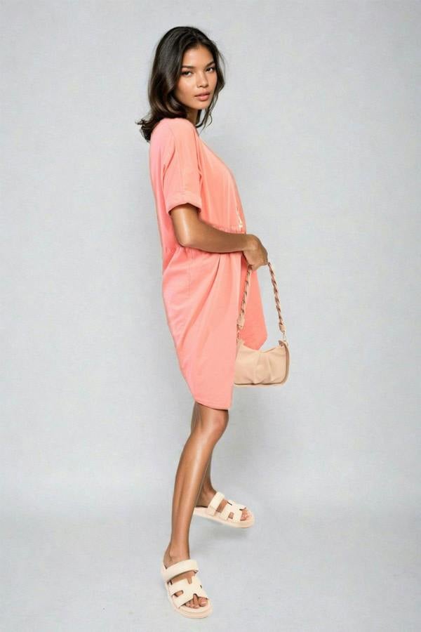 Aileen Short Sleeve Button Front Midi Dress - Coral