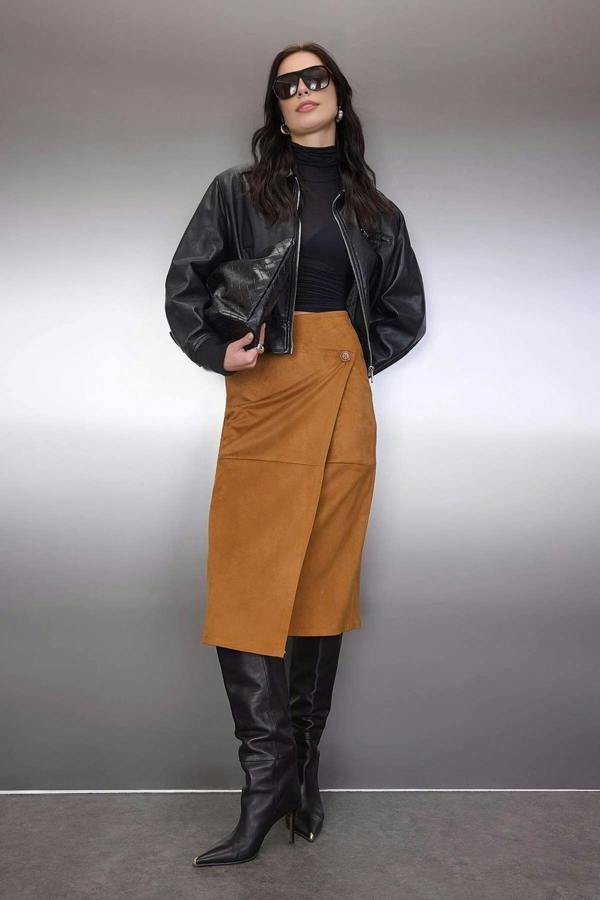 WOVCOR Suede Wrap Buttoned Knit Midi Skirt