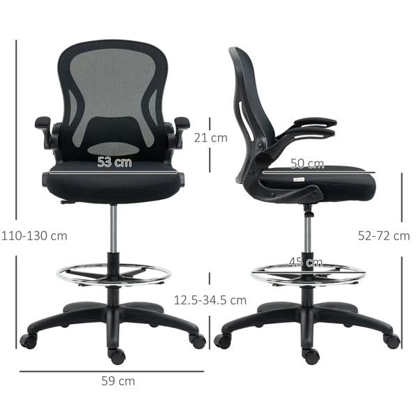 Black mesh standing chair with padded seat, height adjustment, flip-up armrests, footrest ring