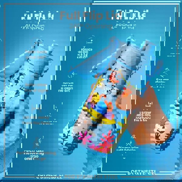 A blue stainless steel water bottle, with a 240° opening flip lid, is being held; against a light blue background. The bottle features a jungle animal design. "Full Flip Lid," "240° Opening," and "POD STAINLESS STEEL" are also displayed.