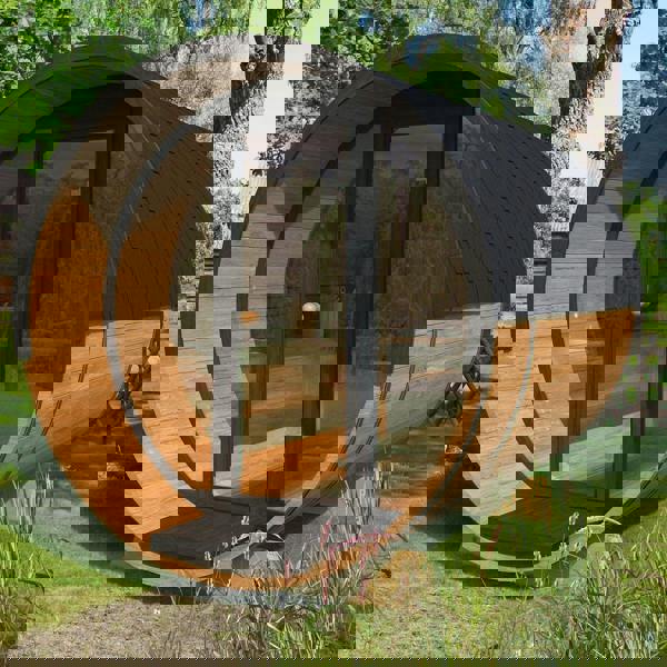 400cm Spruce Barrel Sauna | Thermowood | Terrace | Wood-Fired or Electric.