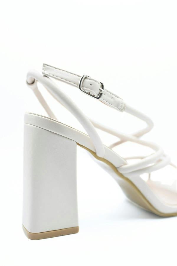 Linda Strappy Buckle Block High Heels - Beige