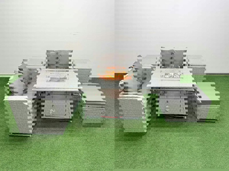 Fimous 5 Seater Outdoor Love Sofa Set Rattan Garden Furniture Set with Fire Pit Dining Table Big Footstool 2 Side Tables Light Grey