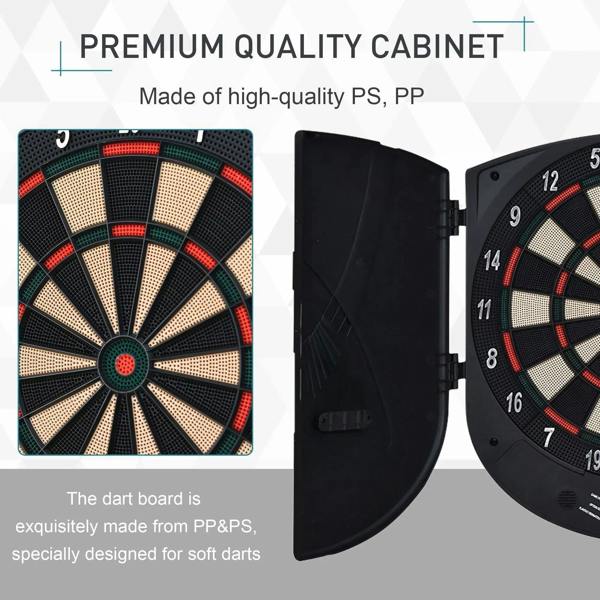 Black electronic dartboard with folding cabinet; close-up of board face and side cover