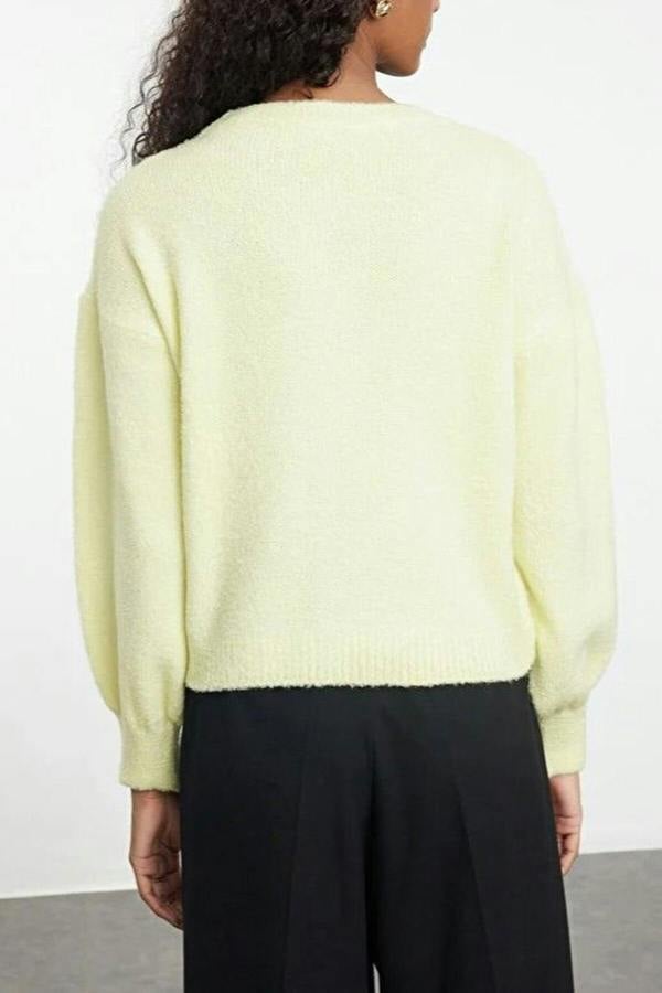 WOVCOR Soft-Textured Knit Cardigan with Button Detail and Balloon Sleeves