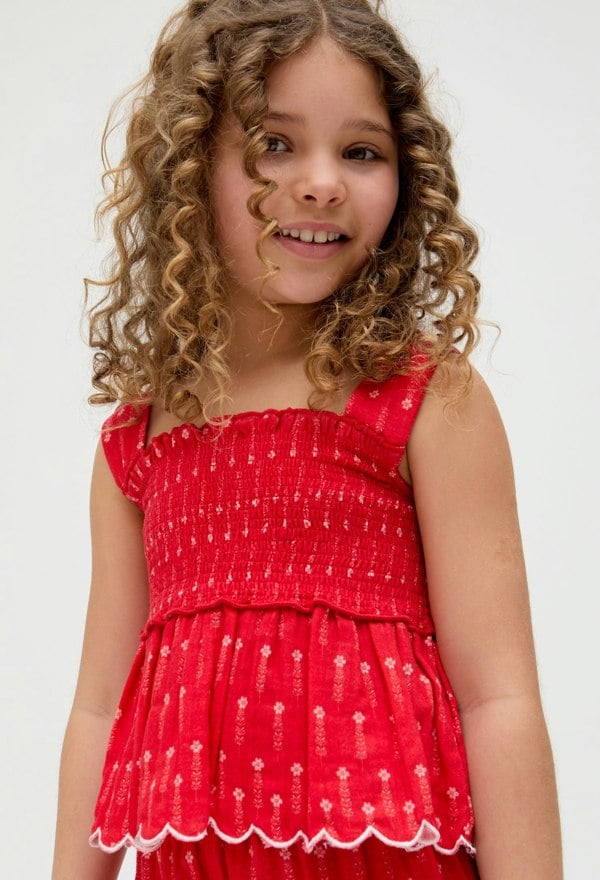 Kids Sia Shirred Floral Print Co-Ord top and trouser Set In Red - image 2