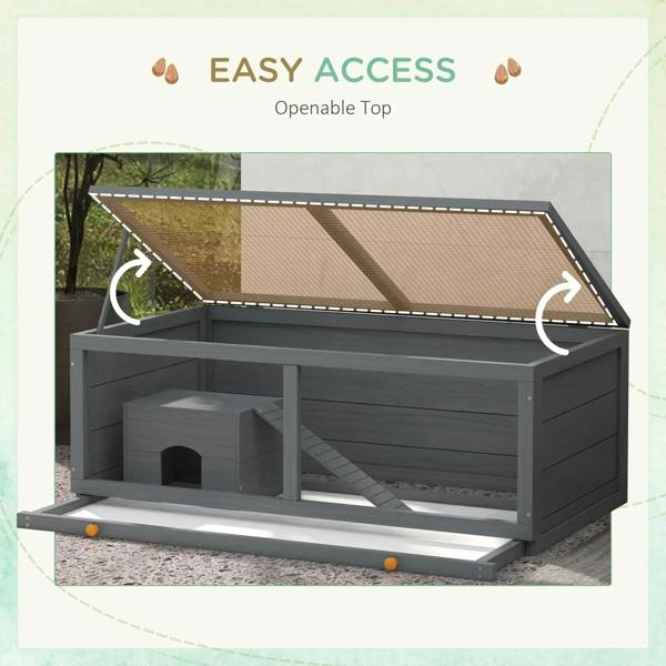 Grey wooden hamster cage with openable top and internal hut plus ramp