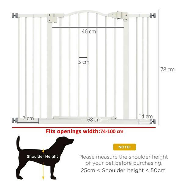 White metal pet gate showing opening fit range and bar spacing measurements