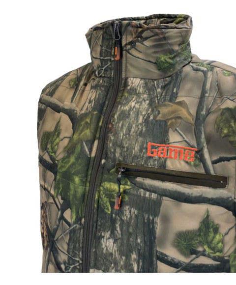Close-up of Game Vantage Gilet's camo fabric with reinforced stitching for outdoor durability
