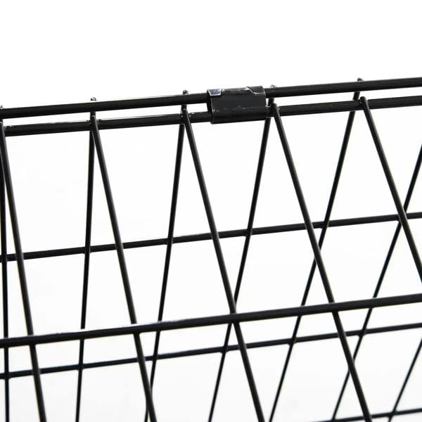 Black metal wire dog crate side view showing protective bar grid
