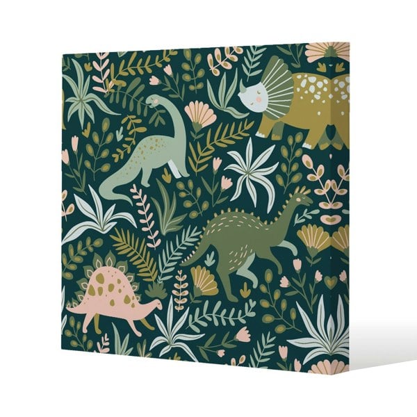 Benjamin Tate Design Hand drawn dinosaurs and tropical leaves and flowers. Slim Style Canvas Print  50x50cm , 15mm Slim Real wood.
