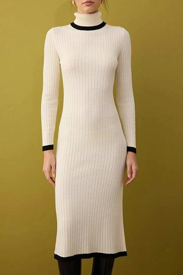 WOVCOR Color Blocked Midi Turtleneck Knit Dress
