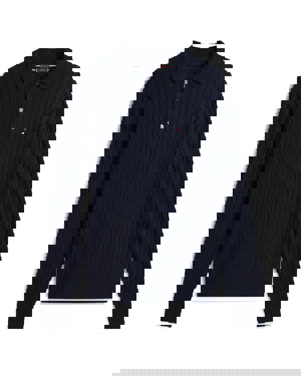 Tommy Hilfiger Classic Cotton Cable Mens Long Sleeve Polo - Desert Sky - CHO - Designer Mens Short Sleeve Polo Shirts