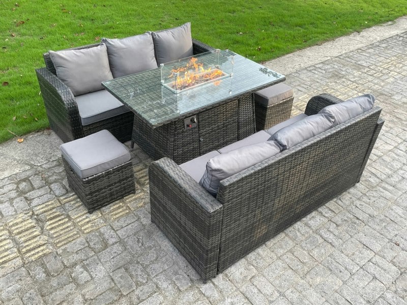 Fimous Rattan Outdoor Furniture Gas Fire Pit Rectangle Dining Table Gas Heater 3 Seater Lounge Sofa Small Footstools Sets 8 Seater