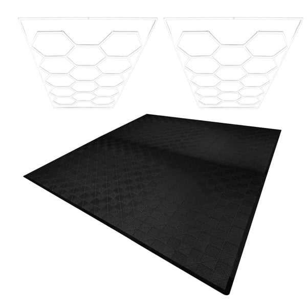 Monstershop Hexagon LED Lights x 2 & Vented Garage Floor Tiles x 225 With Edges - Black