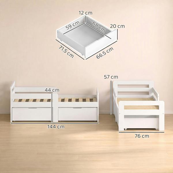 AIYAPLAY Wooden Kids Bed Frame with 2 Storage Drawers for Ages 4-14, White