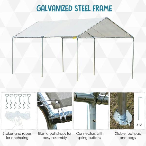 White carport canopy tent with galvanized steel frame, anchoring parts, and connector details