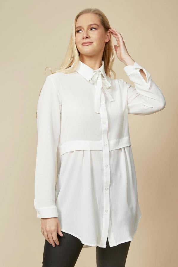 Hoxton Gal Long Sleeves Tie Neck Oversized Shirt in White