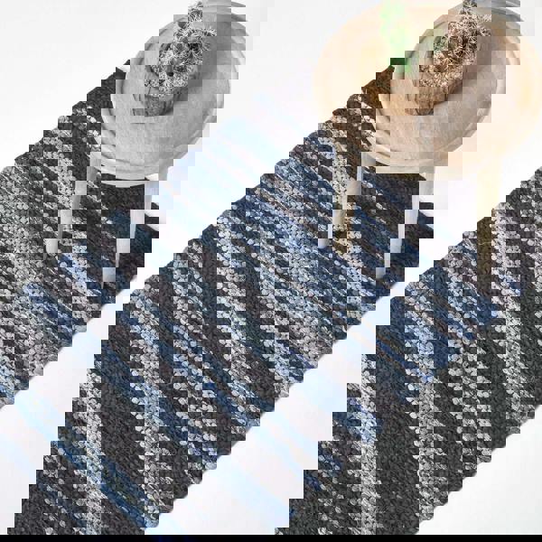 HOMESCAPES Texas Leather & Denim Woven Striped Blue Rug