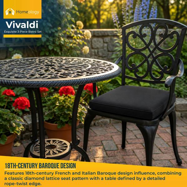Homeology VIVALDI Black 3-Piece Cast Aluminium Garden Bistro Set - with Black Cushions
