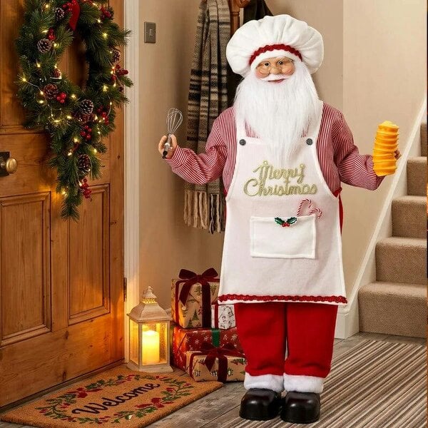 Bobobiy 4ft Singing Cooking Santa Claus, Standing Christmas Animated Santa Figure with Head Moving, Sound/Touch Activated - Red