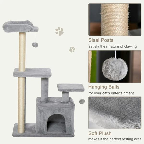 Light grey cat tree tower showing sisal posts, hanging balls, and soft plush surfaces