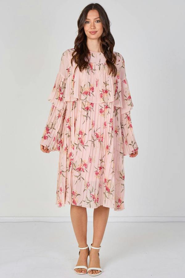 Blush Pink Floral Pleated Smock Dress