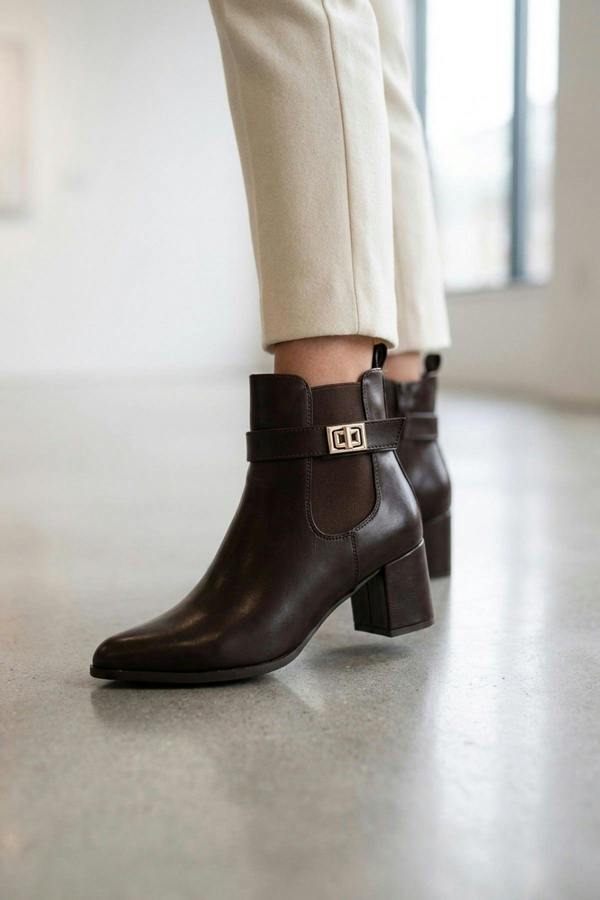 Genevieve Pointed Toe Block Heel Boots - Brown