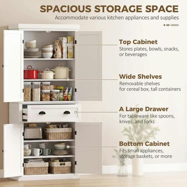 Tall Kitchen Cupboard, 183 cm Freestanding Storage Cabinet with Drawer, 4 Doors and Adjustable Shelves, White