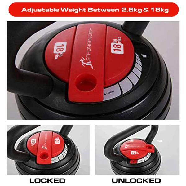 Homeology HERCULES18 7-in-1 Adjustable Smart Kettlebell up to 18kg Black with Red Dial Home Fitness Gym Equipment