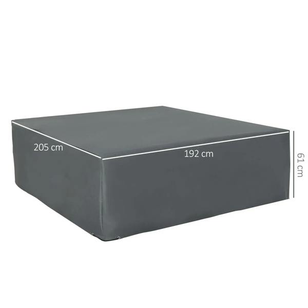 Grey outdoor rattan furniture protective cover with size labels 205 x 192 x 61 cm