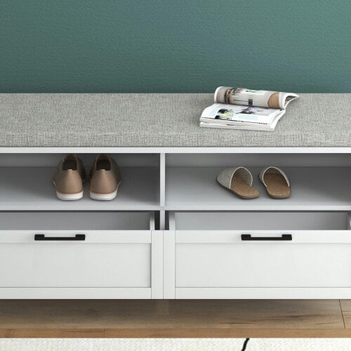 Wyld Haus Noma Wooden White Shoe Bench With Grey Cushion2 Shelves 2 Drawers