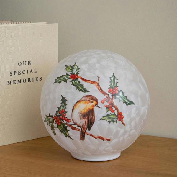 Samuel Alexander 20cm Light Up Christmas Robin Glass Ball with Cool White LEDs