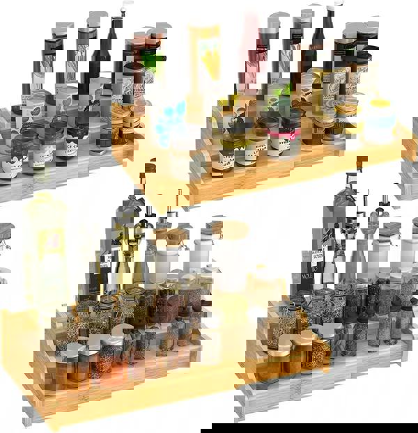 MANTRARAJ Bamboo Expandable Spice Rack Organizer 3-Tier Kitchen Cabinet Space Saver Countertop Display Shelf