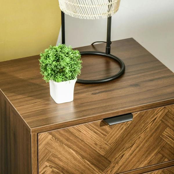 Walnut brown bedside table top and drawer fronts with black metal handles