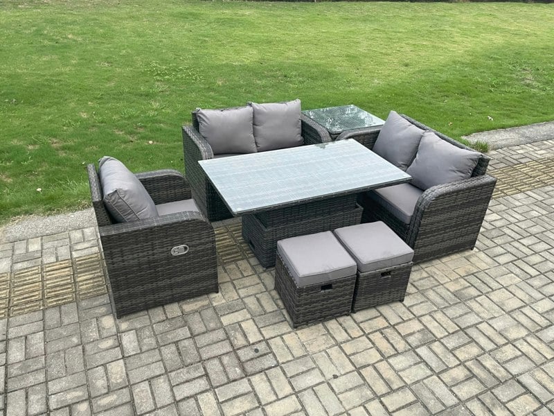 Fimous 7 Seater Rattan Furniture Garden Dining Set Outdoor Height Adjustable Rising lifting Table Love Sofa Chair With Side Table 2 Footstools
