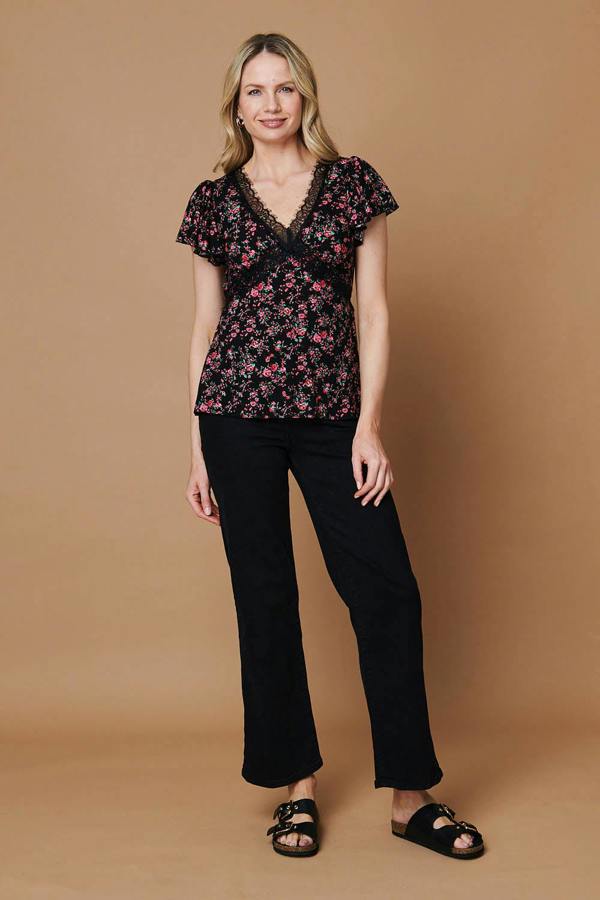 Black | Ditsy Floral Cap Sleeve Lace Trim Top