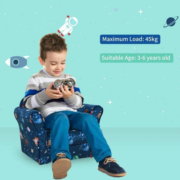 Blue space-themed children’s armchair with toddler sitting and feet on floor