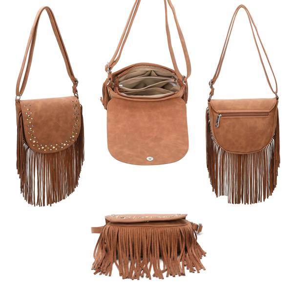 Kitise Western Style Bohemian Fringe Tassel Studded Crossbody Bag