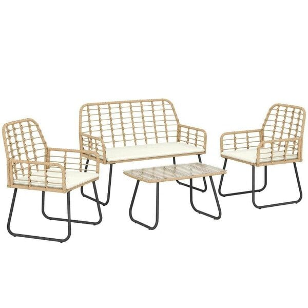 4 Piece Rattan Garden Furniture Set, Outdoor Patio Furniture with Loveseat, Armchairs and Coffee Table