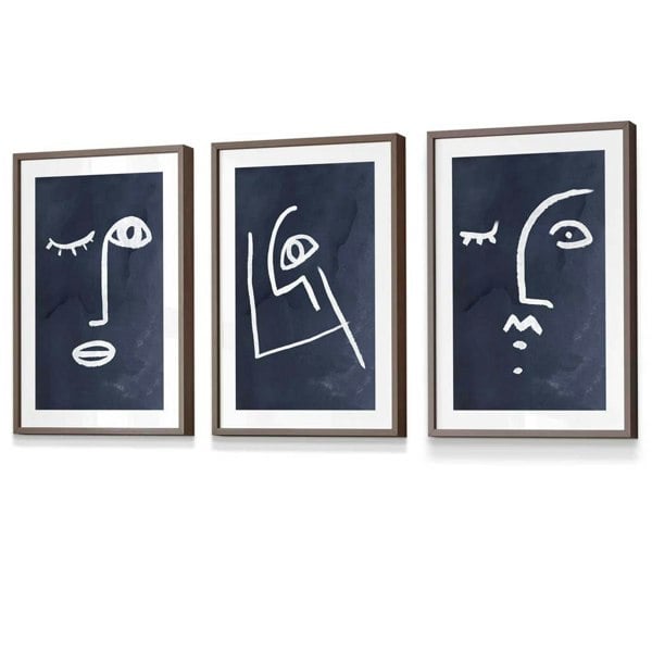 Artze Wall Art Set of 3 Framed Abstract Faces Navy Blue
