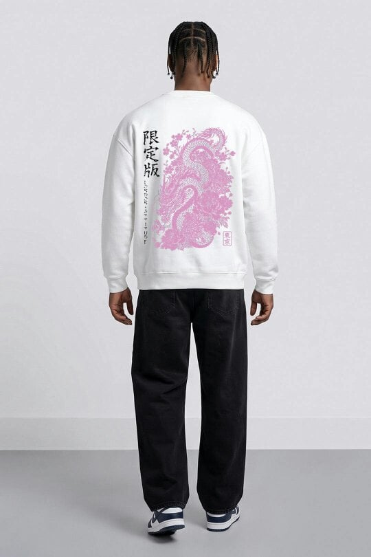 London Attitude Oversized Heavyweight Japanese Dragon & Floral Graphic Sweatshirt
