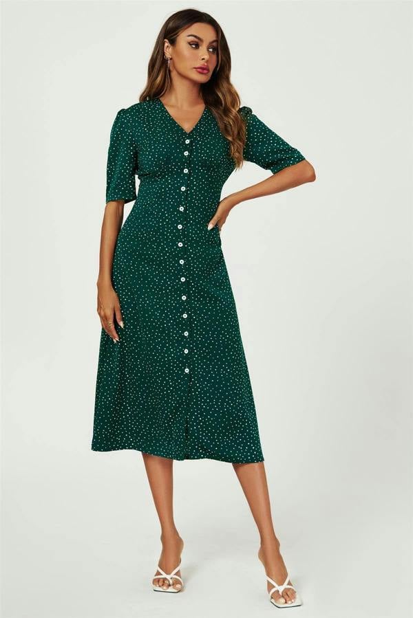 FS Collection Dot Print Button Front Midi Dress In Green