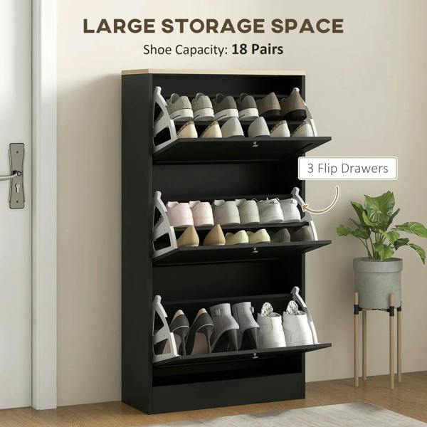 Black shoe storage cabinet with three flip drawers holding multiple pairs of shoes