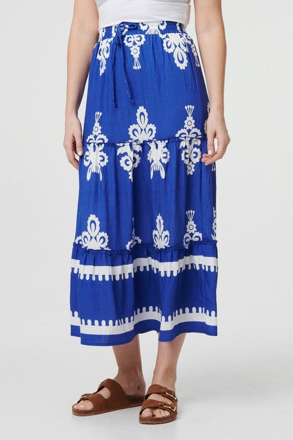 Blue | Ikat Print Tiered High Waist Midi Skirt
