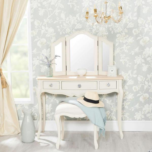 Statement Furniture Juliette Dressing Table Set with Crystal Handles. French Table, Mirror and Stool