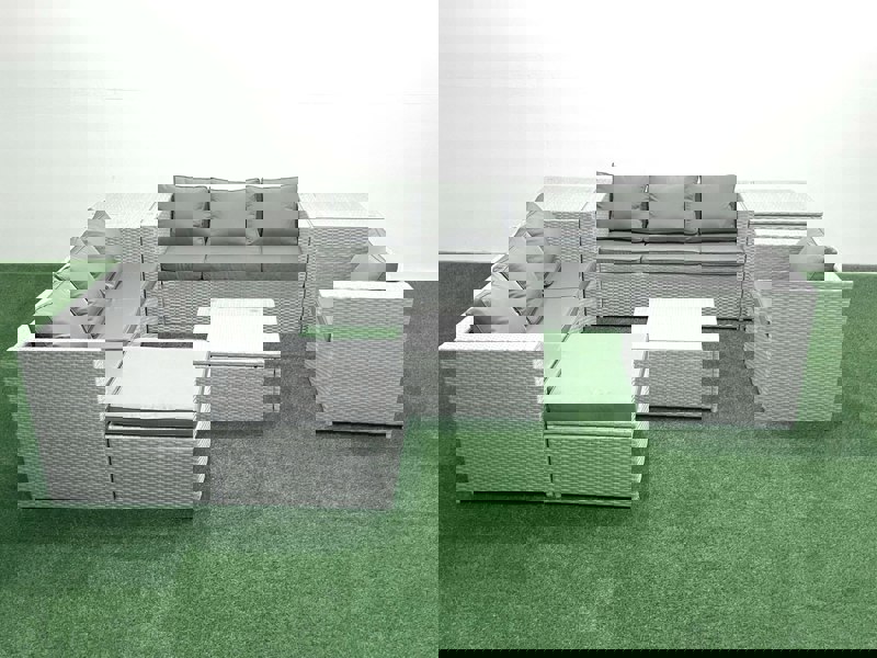 Fimous Wicker PE Rattan Sofa Garden Furniture Set with Armchair Square Coffee Table Big Footstool 2 Side Tables Light Grey Mixed